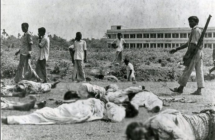 People walking around corpse of 1971 Bangladesh Genocide