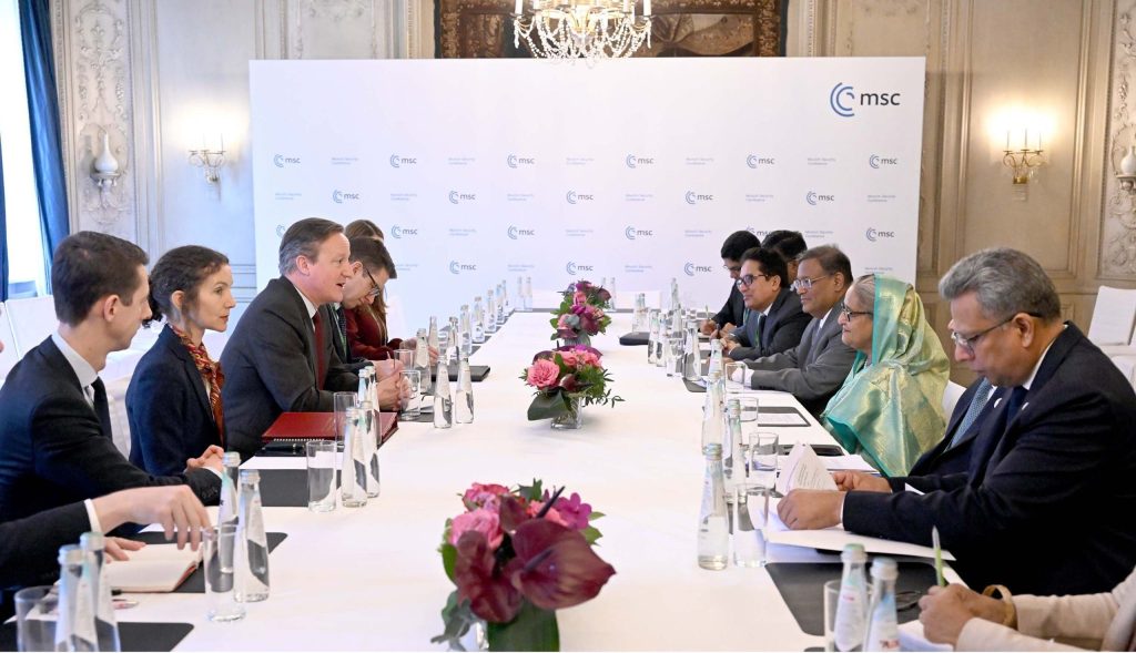 Prime Minister Sheikh Hasina meeting Lord Cameron, Secretary of State for Foreign, Commonwealth and Development Affairs of the United Kingdom at the Munich Security Conference